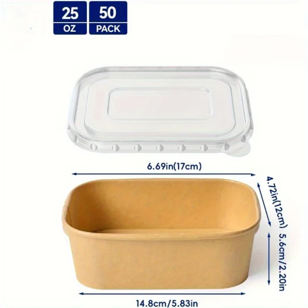 25oz Kraft Paper Meal Prep Containers with Lids - 25 Pack, Rectangular Disposable Food Bowls