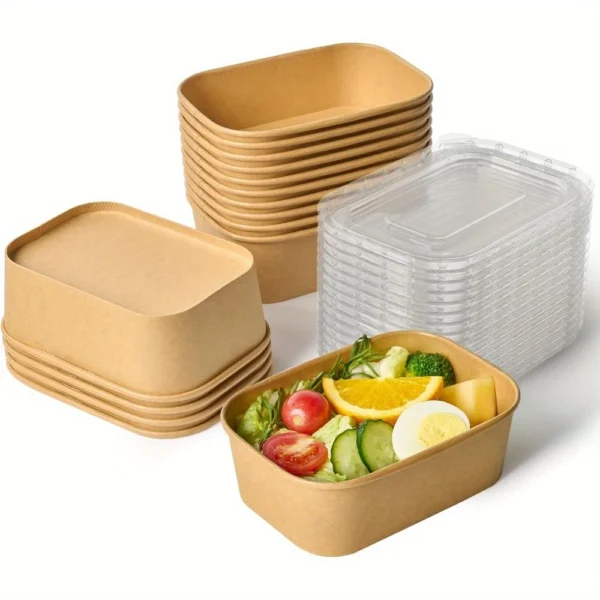 25oz Kraft Paper Meal Prep Containers with Lids - 25 Pack, Rectangular Disposable Food Bowls